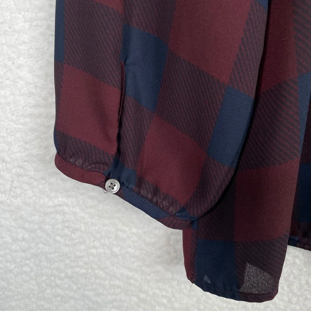 Ann Taylor Factory Burgundy Navy Buffalo Plaid Ruffle Pintuck Blouse XL Womens